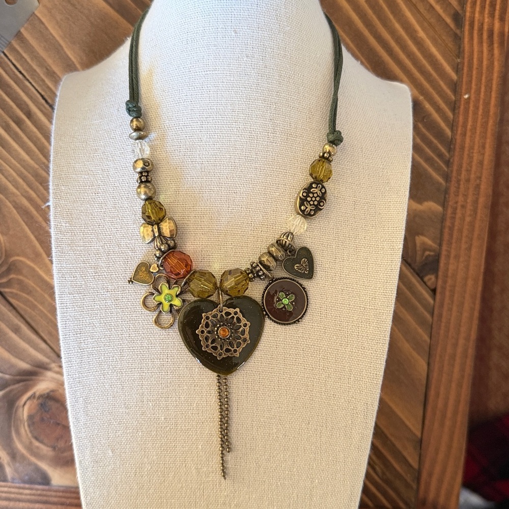 Vintage Multi Copper tone Charm and Beaded Necklace. Green and Orange